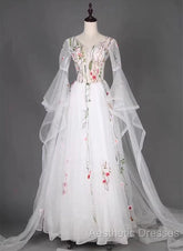 White Tulle Long Sleeves A-Line Wedding Party Dresses, White Tulle Evening Prom Dresses